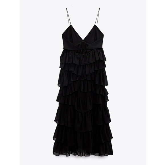 ZARA WOMAN STRAPPY RUFFLED MIDI LONG TIER DRESS BLACK  REF: 8777/830 S,M,L - Picture 6 of 12